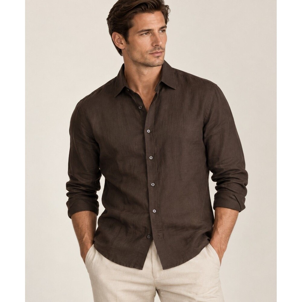 Ralph Lauren Black Label Mens 100% Linen Shirt 16.5/L Brown Italy Luxury Button